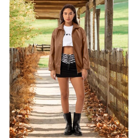 Women's Brown Oversized Faux Leather Fashion Zip Up Motorcycle Loose Fit Jacket - Picture 6 of 6